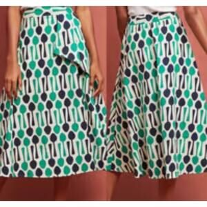 Anthropologie Eva Franco Midi Skirt Size 6 Green Black Geometric Fit & Flare